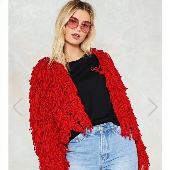 red shaggy jacket